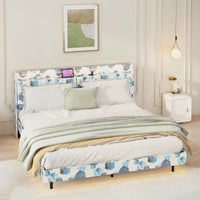 King Size Upholstered Platform Bed Frame With LED Lights, Storage Headboard, Charging Station & Hidden Storage, No Box Spring Needed, Blue