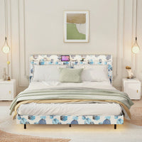 King Size Upholstered Platform Bed Frame With LED Lights, Storage Headboard, Charging Station & Hidden Storage, No Box Spring Needed, Blue