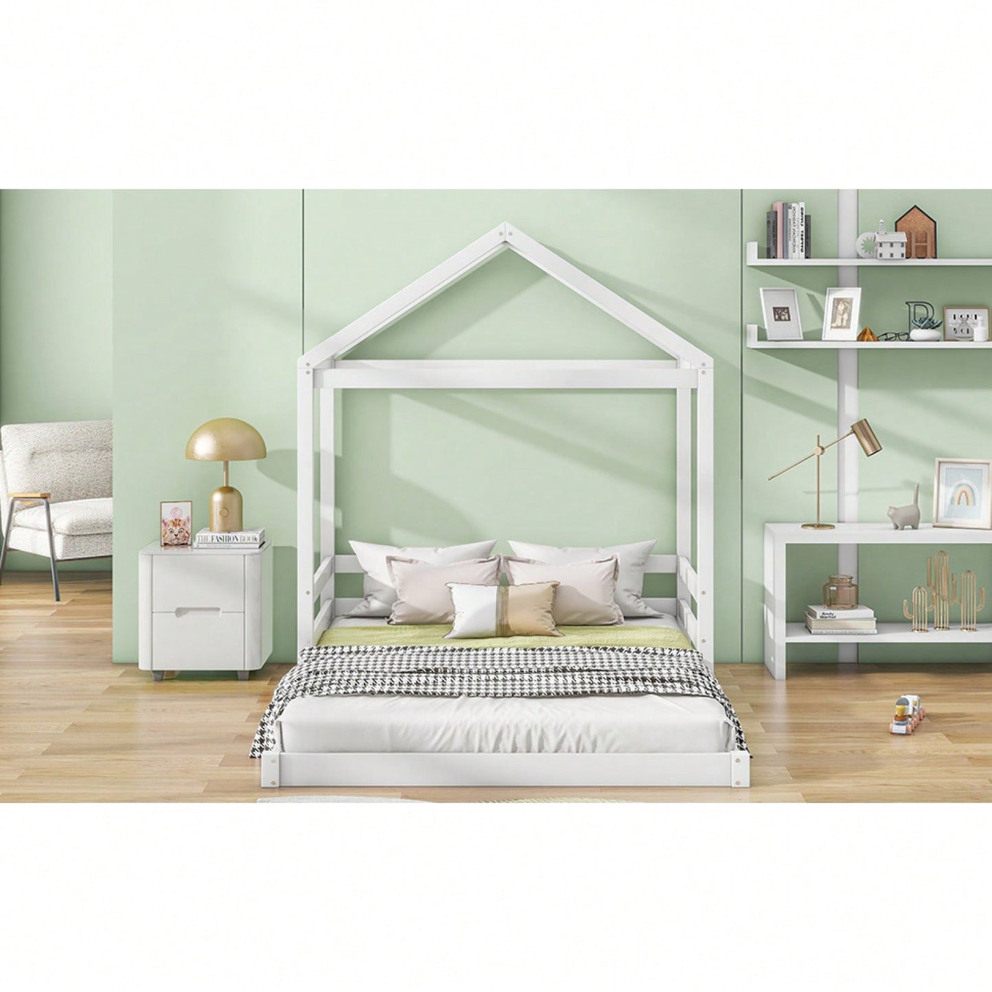 Full Size House Bed Frame With Guardrail For Kids, No Box Spring Needed, Solid Wood Platform Bed With Slat Support, Easy Assembly