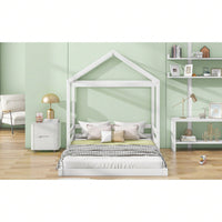 Full Size House Bed Frame With Guardrail For Kids, No Box Spring Needed, Solid Wood Platform Bed With Slat Support, Easy Assembly