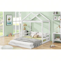 Full Size House Bed Frame With Guardrail For Kids, No Box Spring Needed, Solid Wood Platform Bed With Slat Support, Easy Assembly