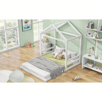 Full Size House Bed Frame With Guardrail For Kids, No Box Spring Needed, Solid Wood Platform Bed With Slat Support, Easy Assembly