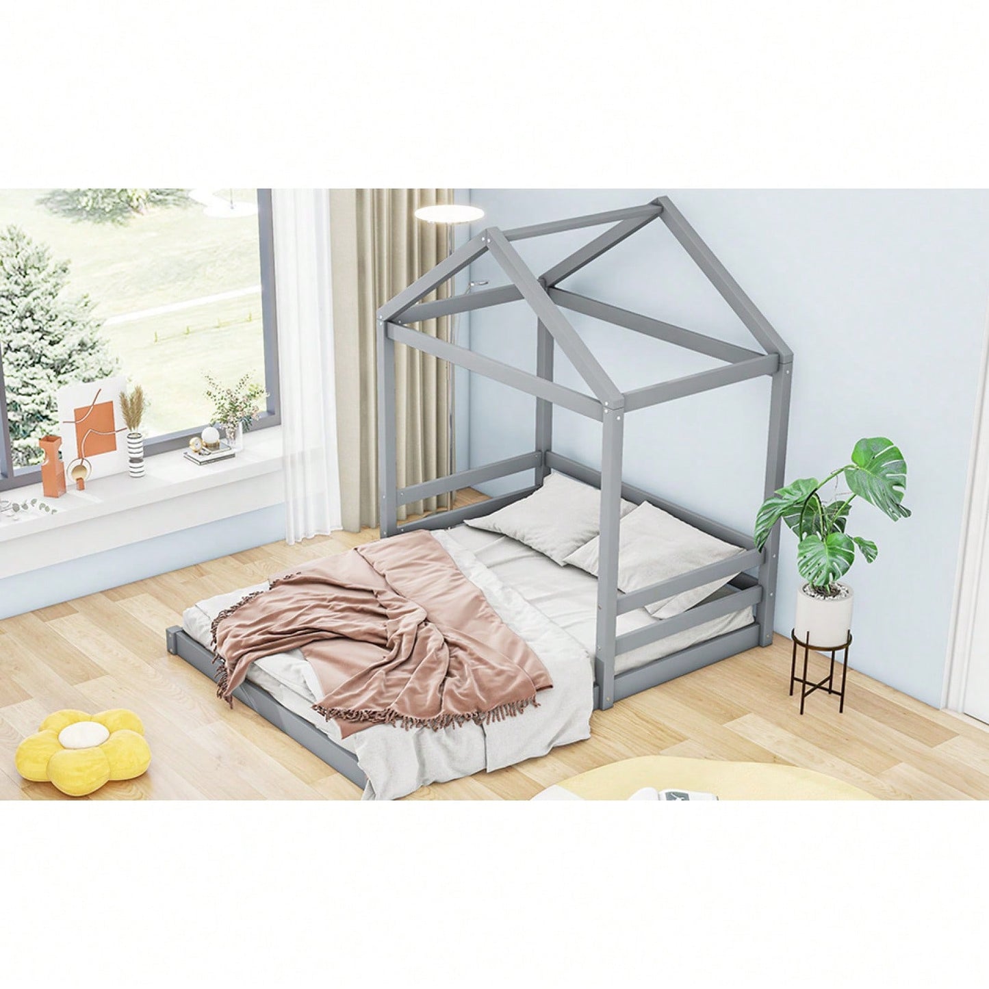 Full Size House Bed Frame With Guardrail For Kids, No Box Spring Needed, Solid Wood Platform Bed With Slat Support, Easy Assembly