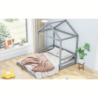 Full Size House Bed Frame With Guardrail For Kids, No Box Spring Needed, Solid Wood Platform Bed With Slat Support, Easy Assembly
