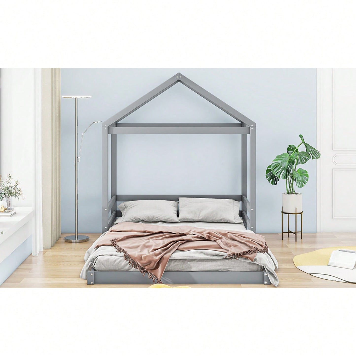 Full Size House Bed Frame With Guardrail For Kids, No Box Spring Needed, Solid Wood Platform Bed With Slat Support, Easy Assembly
