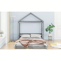 Full Size House Bed Frame With Guardrail For Kids, No Box Spring Needed, Solid Wood Platform Bed With Slat Support, Easy Assembly