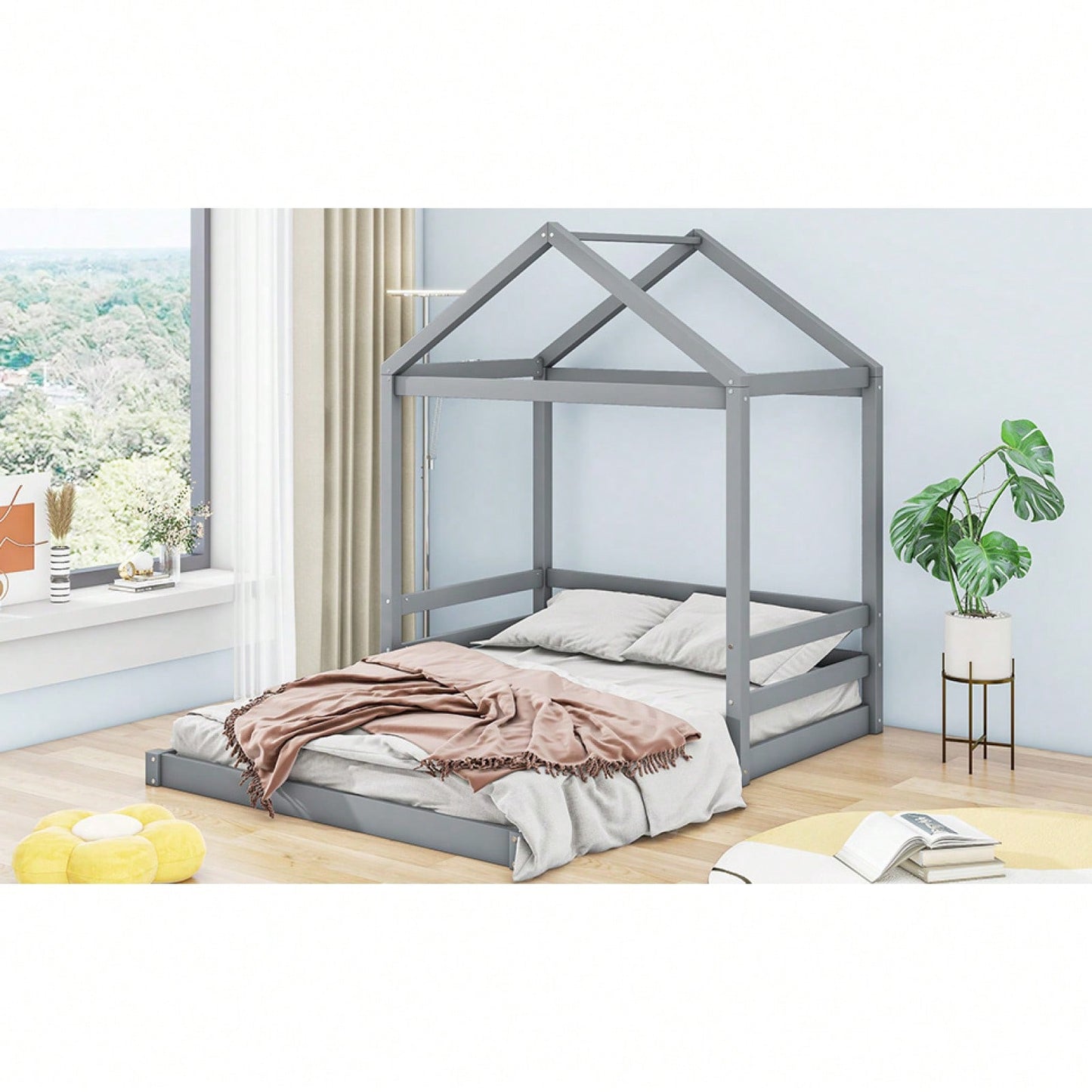 Full Size House Bed Frame With Guardrail For Kids, No Box Spring Needed, Solid Wood Platform Bed With Slat Support, Easy Assembly