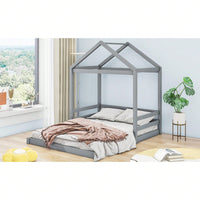 Full Size House Bed Frame With Guardrail For Kids, No Box Spring Needed, Solid Wood Platform Bed With Slat Support, Easy Assembly