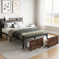 Upholstered Full Size Platform Bed Frame with Storage Headboard USB Charging Station and Under Bed Storage