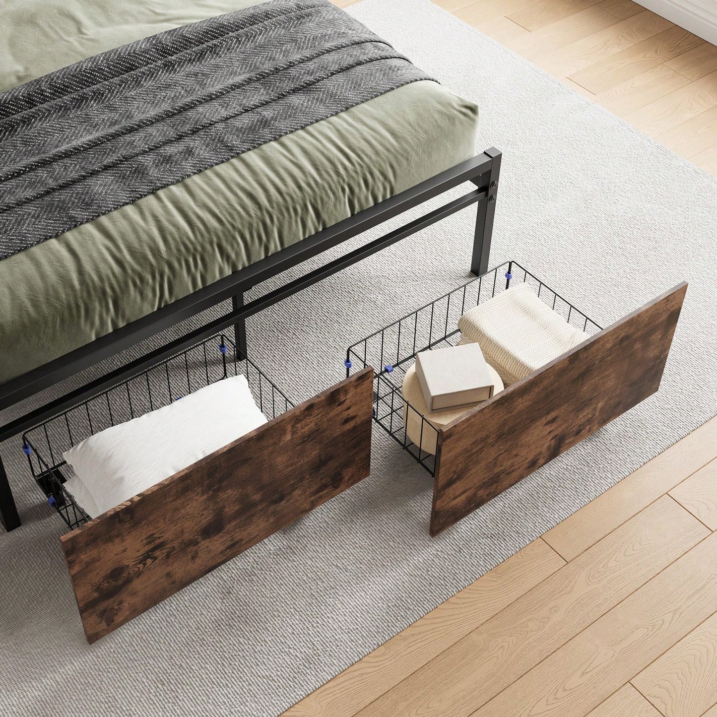 Upholstered Full Size Platform Bed Frame with Storage Headboard USB Charging Station and Under Bed Storage