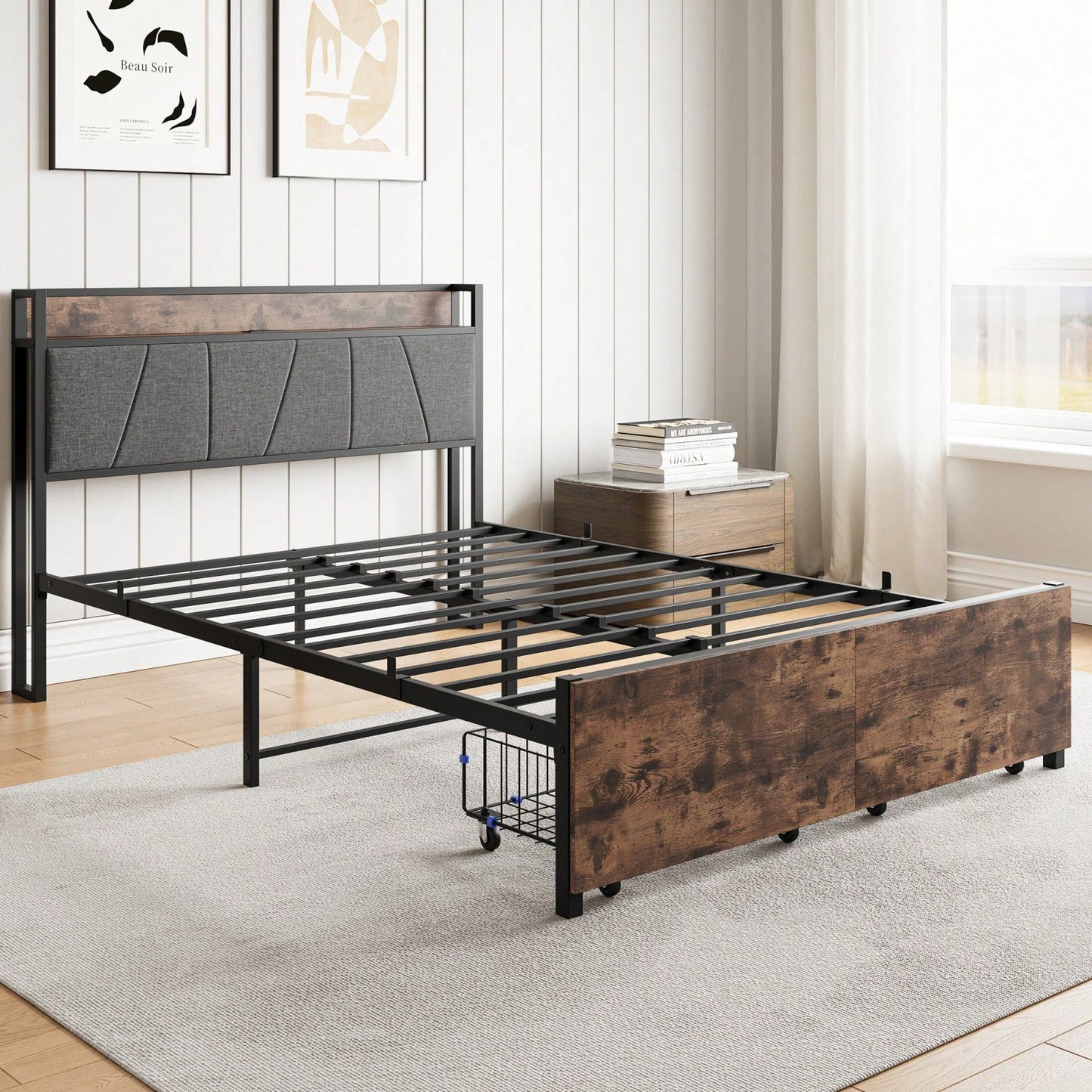 Upholstered Full Size Platform Bed Frame with Storage Headboard USB Charging Station and Under Bed Storage