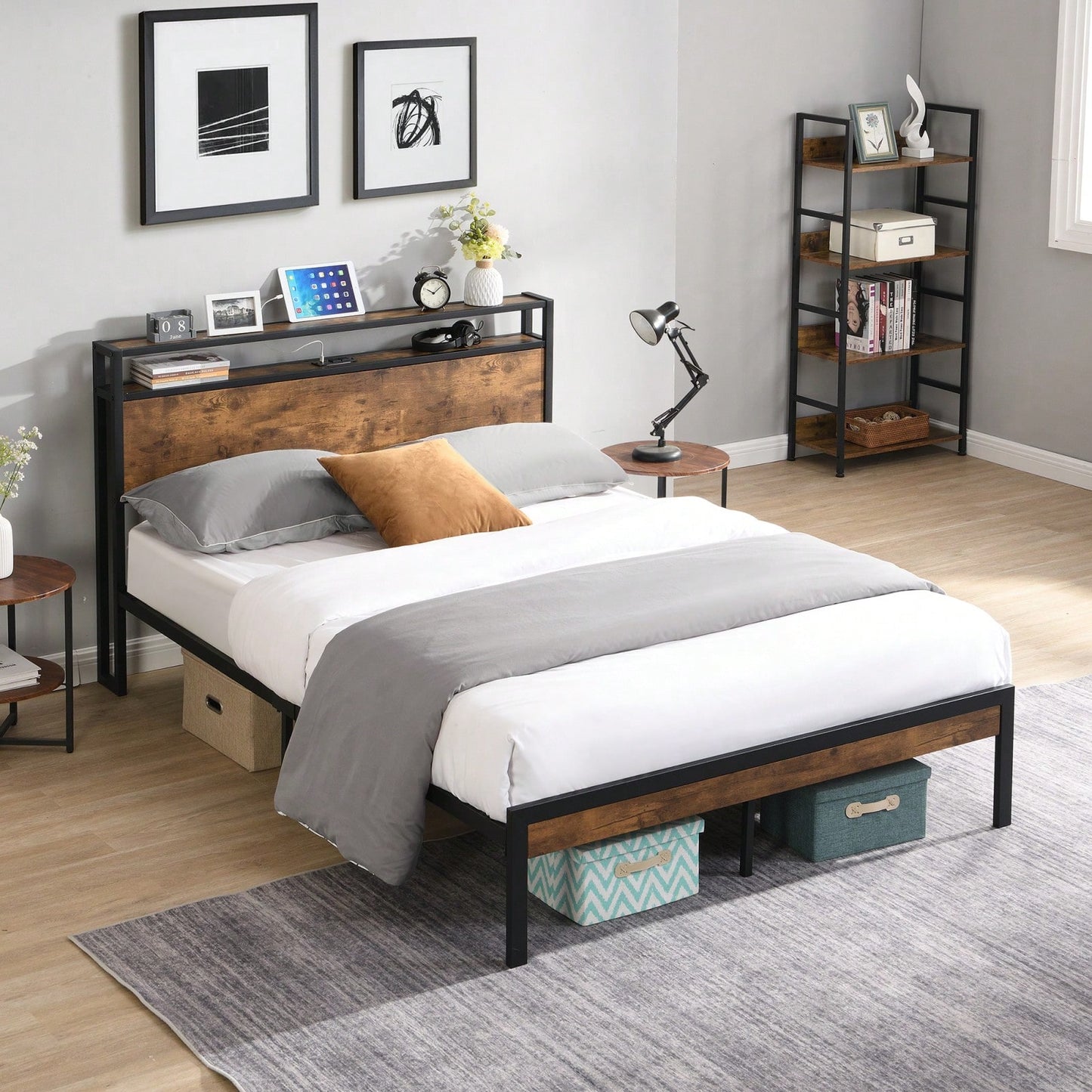 Metal Platform Bed Frame With Wooden Headboard And Footboard, Strong Steel Metal Structure, Under-Bed Storage, No Box Spring Needed, King