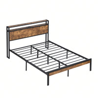 Metal Platform Bed Frame With Wooden Headboard And Footboard, Strong Steel Metal Structure, Under-Bed Storage, No Box Spring Needed, King