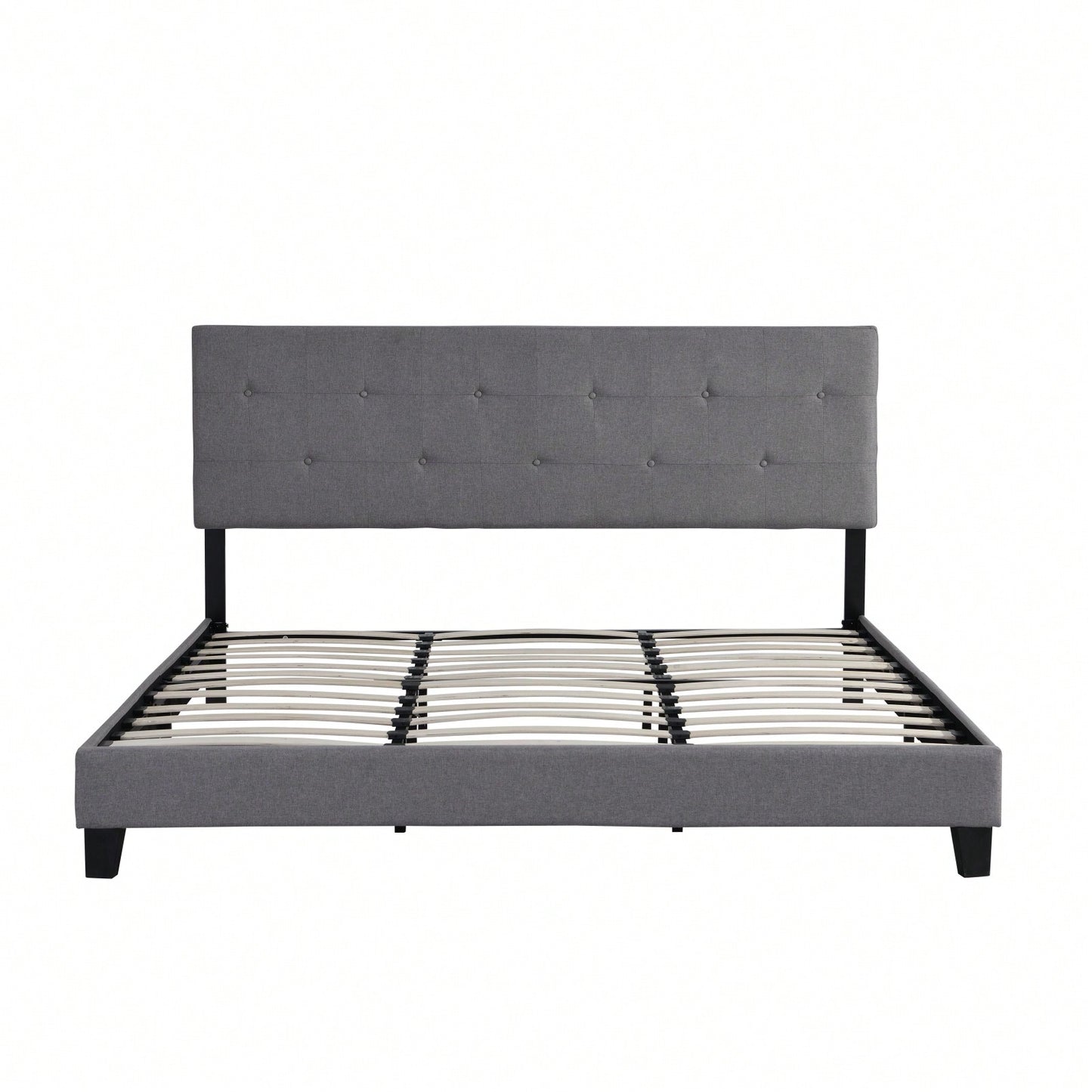 King Size Upholstered Platform Bed Frame With Button Tufted Linen Fabric Headboard, No Box Spring Needed, Wood Slat Support, Easy Assembly