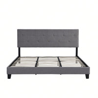 King Size Upholstered Platform Bed Frame With Button Tufted Linen Fabric Headboard, No Box Spring Needed, Wood Slat Support, Easy Assembly