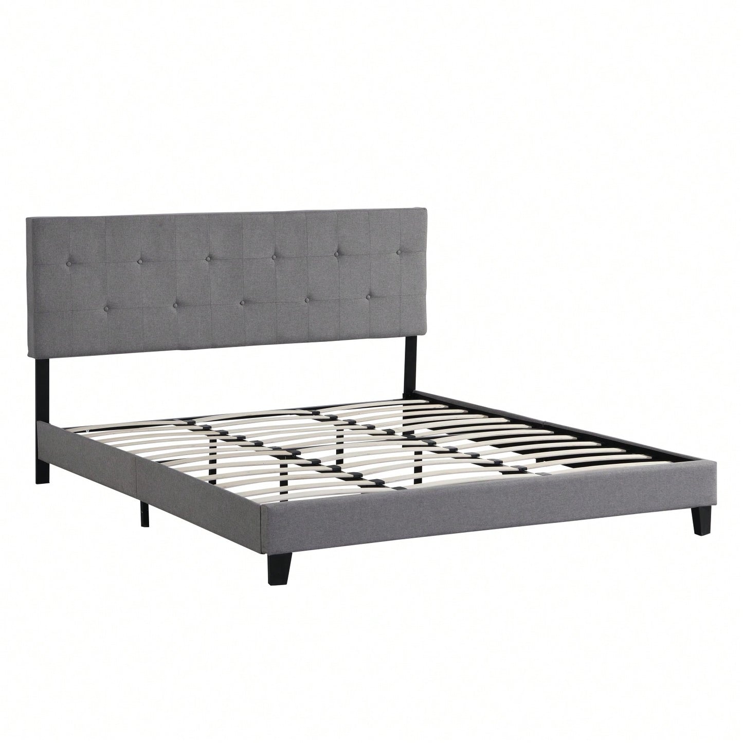 King Size Upholstered Platform Bed Frame With Button Tufted Linen Fabric Headboard, No Box Spring Needed, Wood Slat Support, Easy Assembly