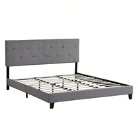 King Size Upholstered Platform Bed Frame With Button Tufted Linen Fabric Headboard, No Box Spring Needed, Wood Slat Support, Easy Assembly