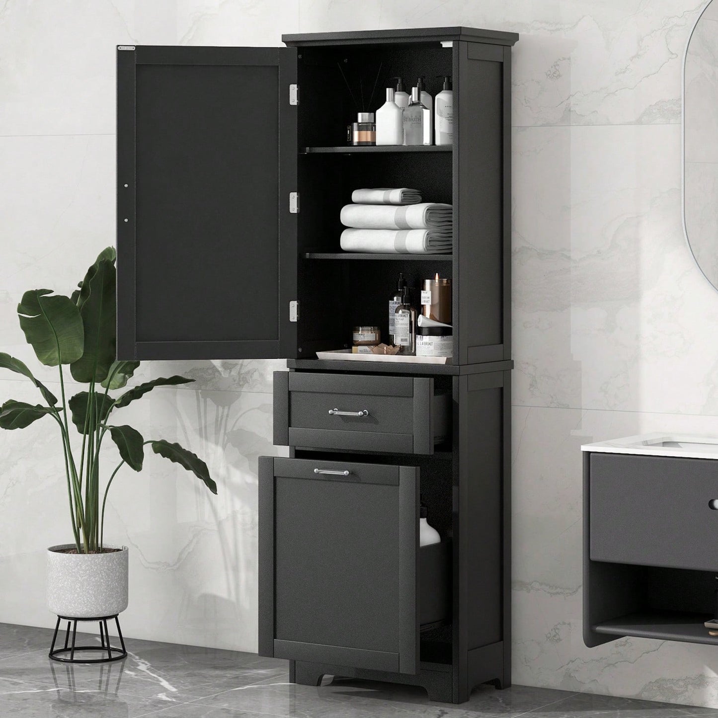 Tall Freestanding Bathroom Storage Cabinet with Adjustable Shelves and Drawers for Organizing Essentials