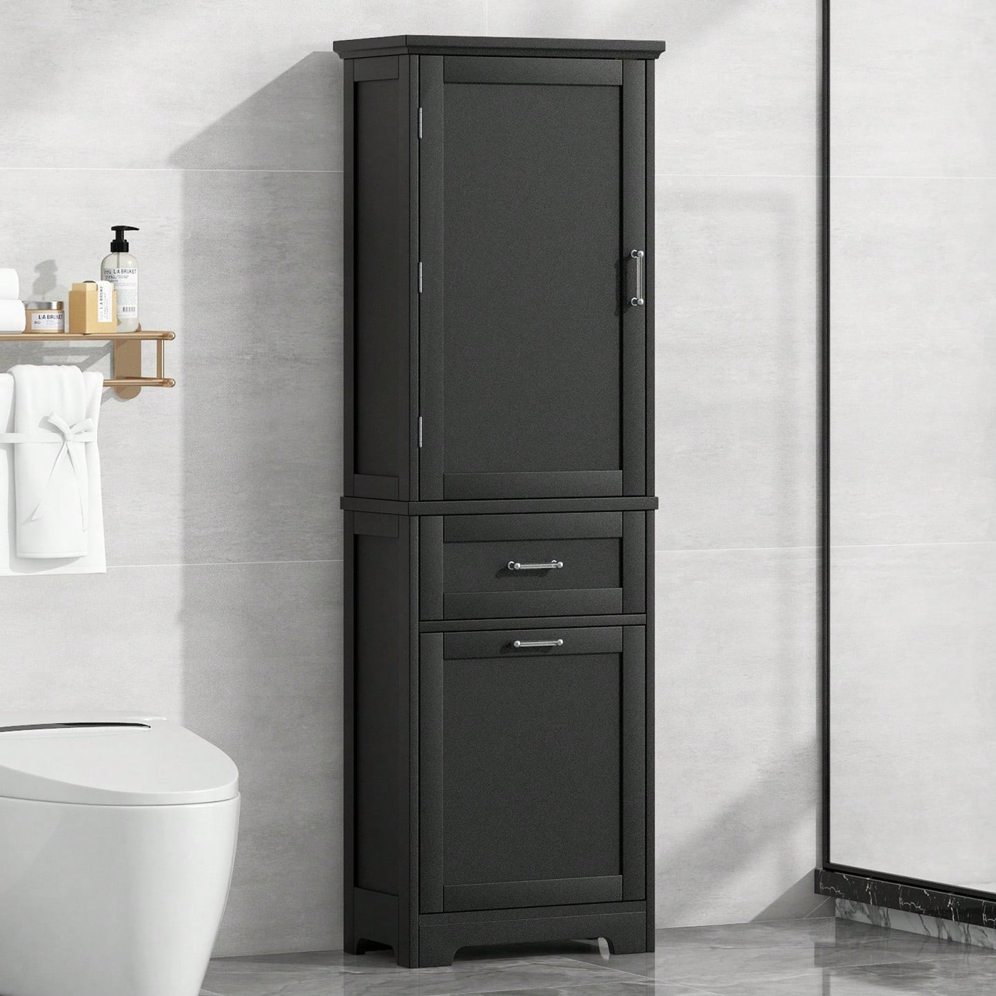 Tall Freestanding Bathroom Storage Cabinet with Adjustable Shelves and Drawers for Organizing Essentials