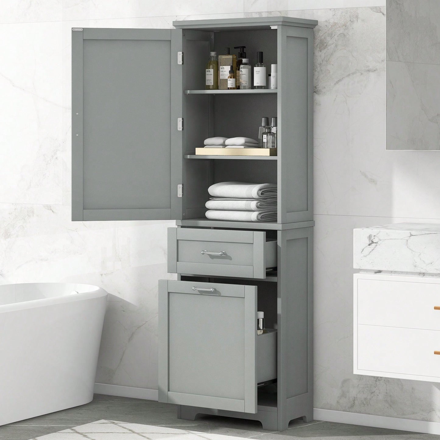 Tall Freestanding Bathroom Storage Cabinet with Adjustable Shelves and Drawers for Organizing Essentials