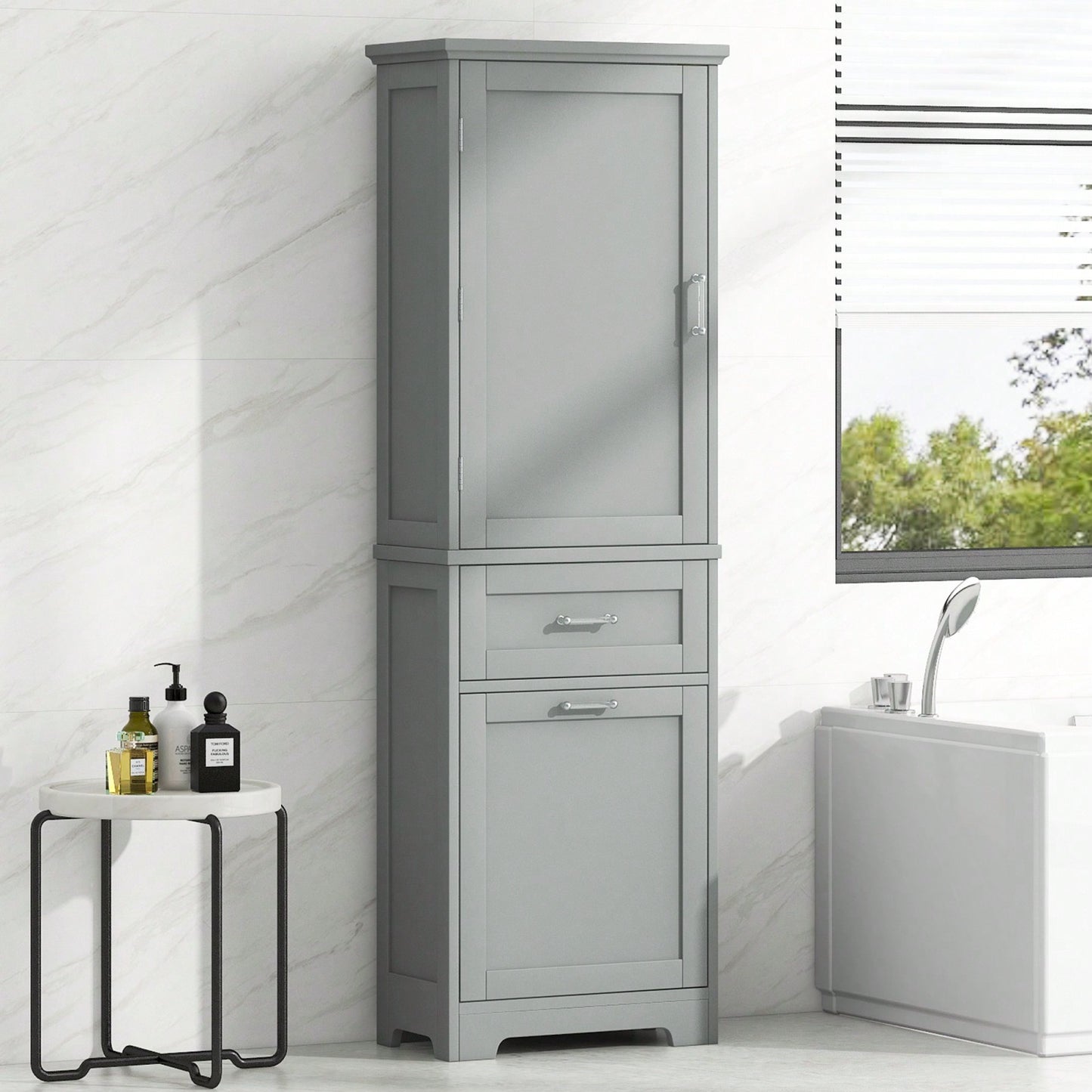 Tall Freestanding Bathroom Storage Cabinet with Adjustable Shelves and Drawers for Organizing Essentials