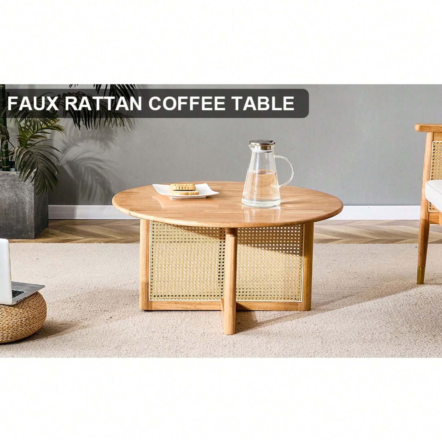 Elegant Wooden Coffee Table With Faux Rattan Accents - Perfect For Stylish Living Rooms And Cozy Tea Time