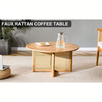 Elegant Wooden Coffee Table With Faux Rattan Accents - Perfect For Stylish Living Rooms And Cozy Tea Time