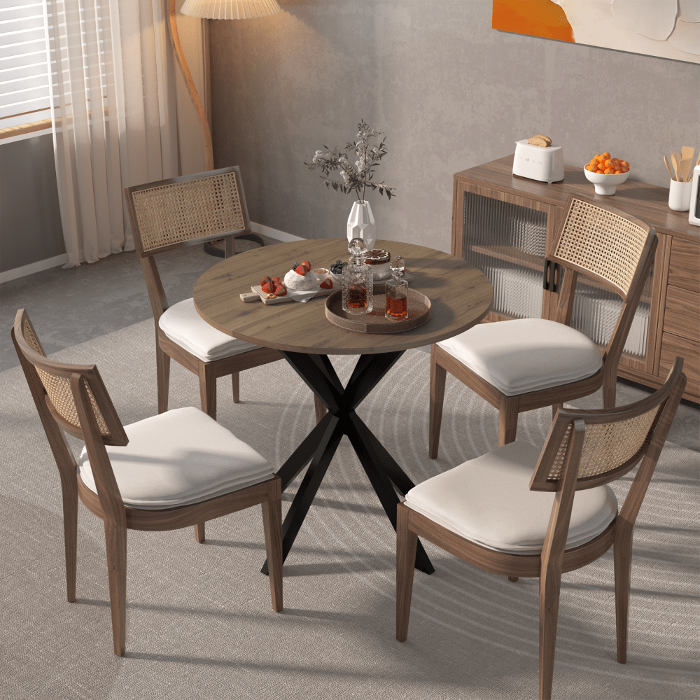 31.5 Inch Round Dining Table, Small Circle Kitchen Table With Metal Black Legs For 2-4 People, Modern Dining Room Table, Brown (Only Table)