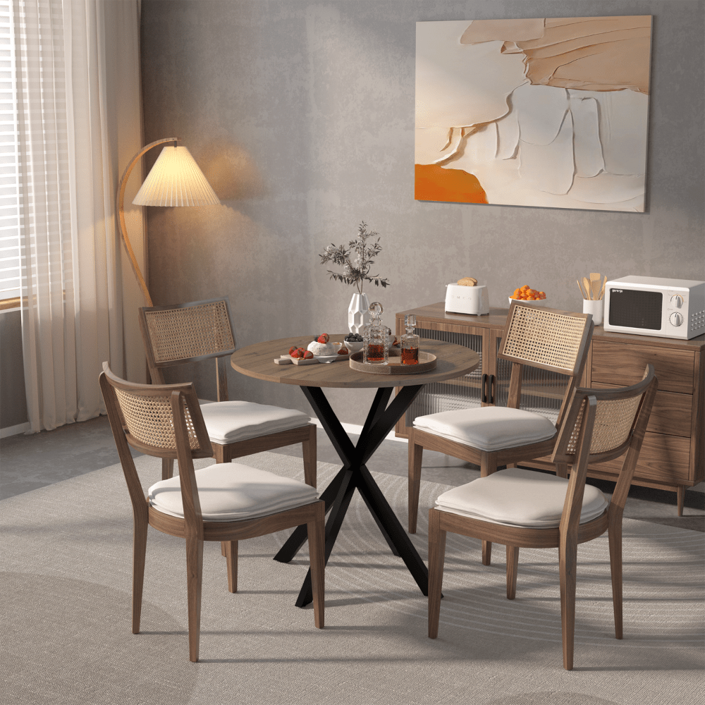 31.5 Inch Round Dining Table, Small Circle Kitchen Table With Metal Black Legs For 2-4 People, Modern Dining Room Table, Brown (Only Table)