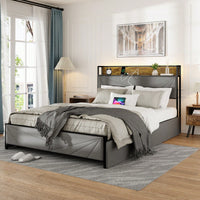 Queen Size Upholstered Platform Bed Frame with Storage Headboard and USB Charging Ports in Dark Grey