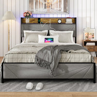 Queen Size Upholstered Platform Bed Frame with Storage Headboard and USB Charging Ports in Dark Grey