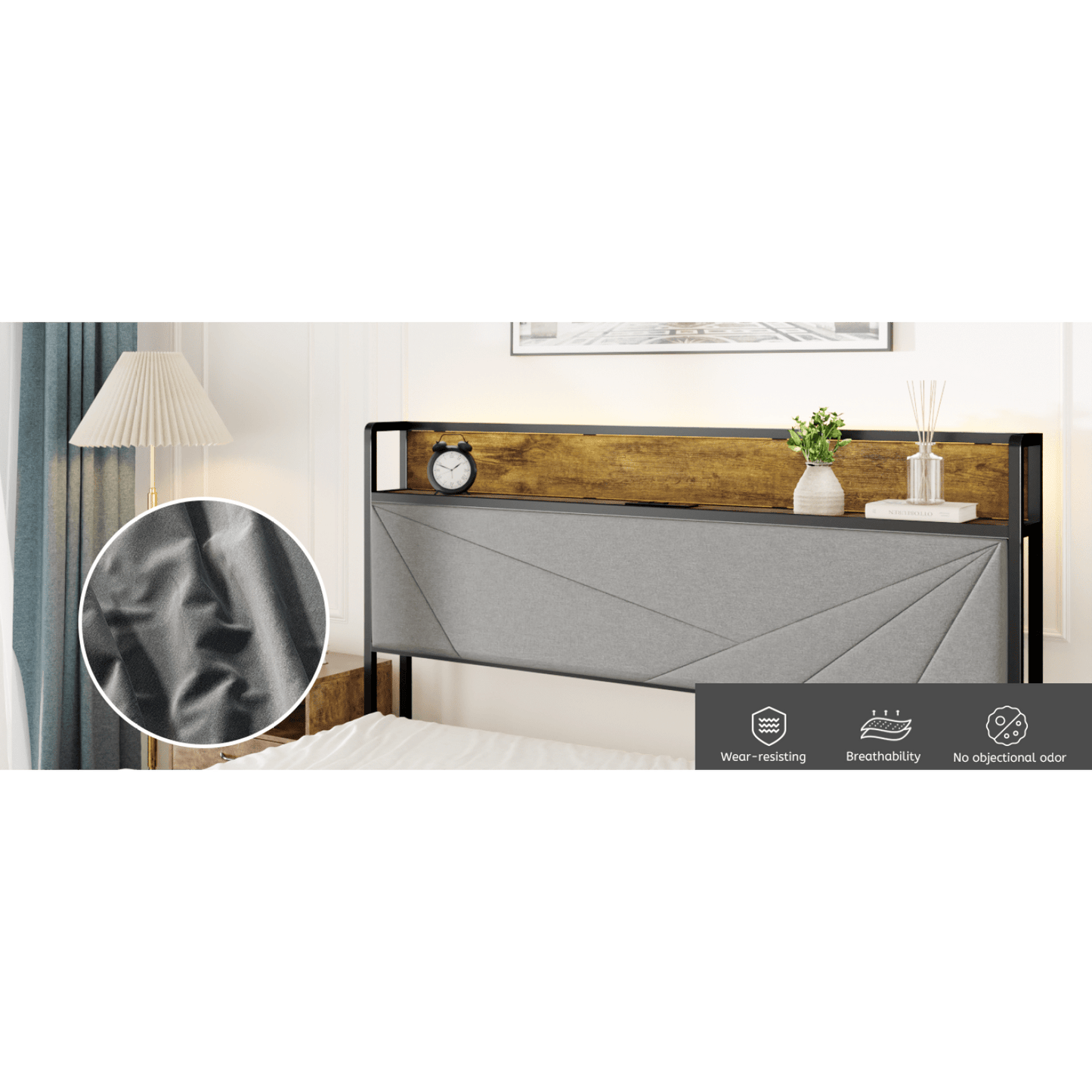 Queen Size Upholstered Platform Bed Frame with Storage Headboard and USB Charging Ports in Dark Grey