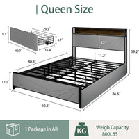 Queen Size Upholstered Platform Bed Frame with Storage Headboard and USB Charging Ports in Dark Grey