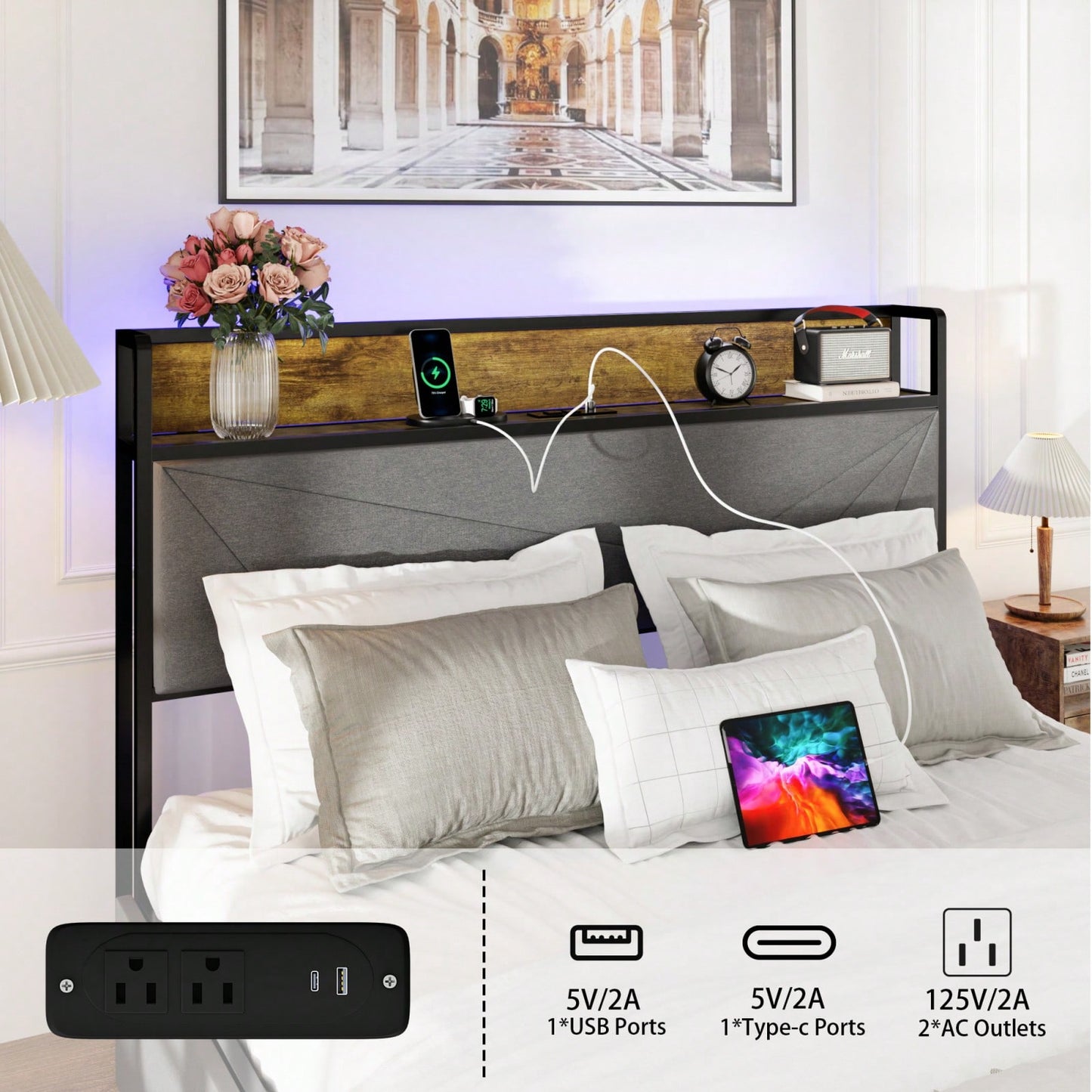 Queen Size Upholstered Platform Bed Frame with Storage Headboard and USB Charging Ports in Dark Grey