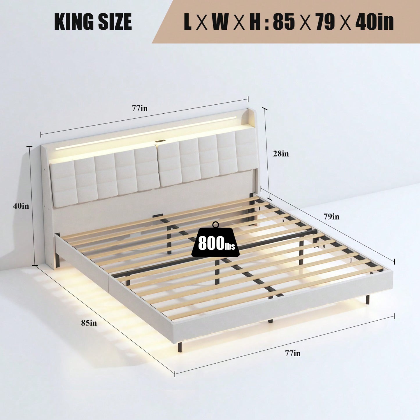 King Size Upholstered Platform Bed Frame With LED Lights, Storage Headboard, And Charging Station - No Box Spring Needed - Beige