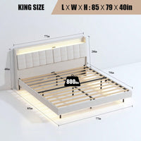 King Size Upholstered Platform Bed Frame With LED Lights, Storage Headboard, And Charging Station - No Box Spring Needed - Beige