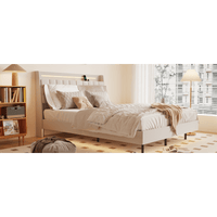 King Size Upholstered Platform Bed Frame With LED Lights, Storage Headboard, And Charging Station - No Box Spring Needed - Beige