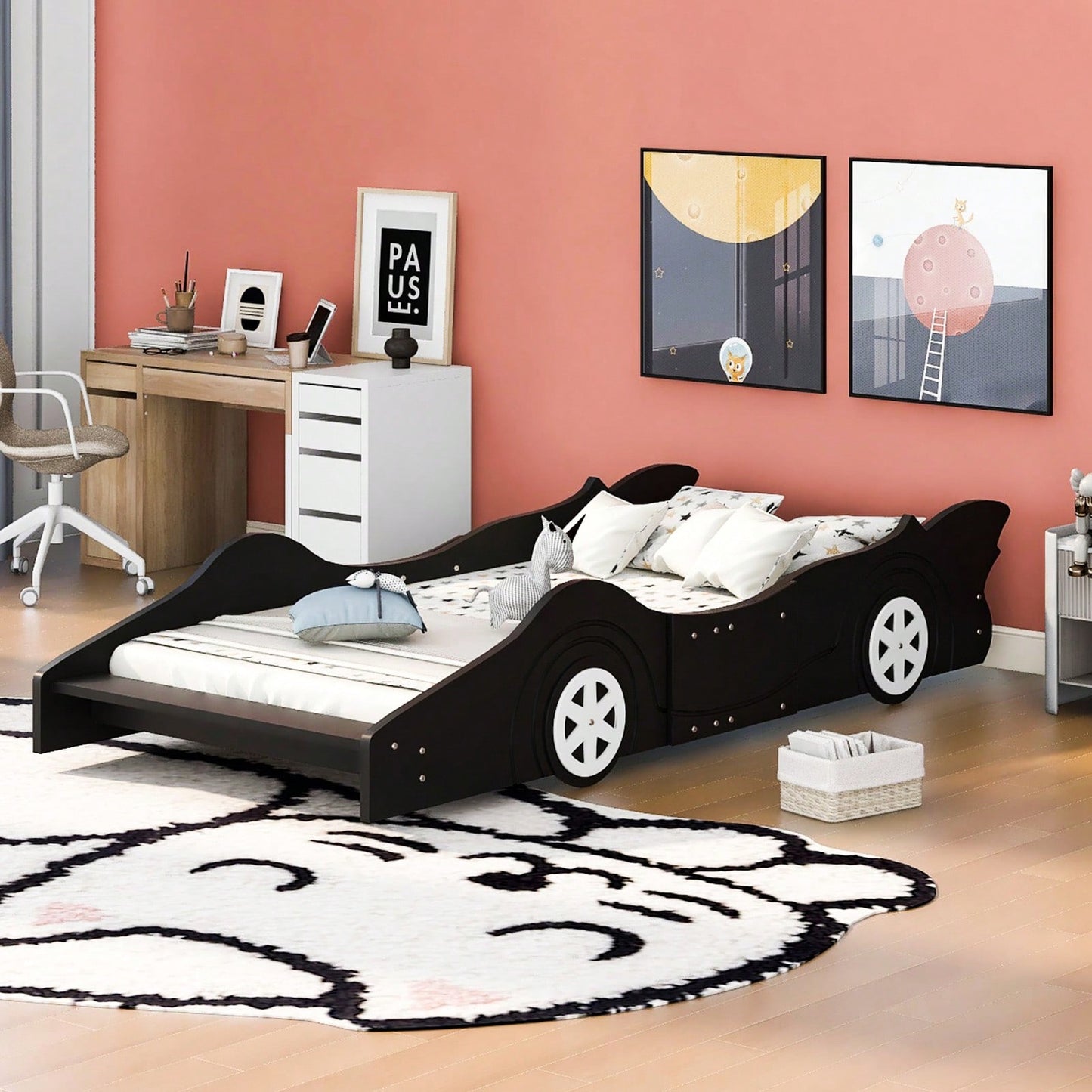 Twin Size Race Car-Shaped Platform Bed With Wheels