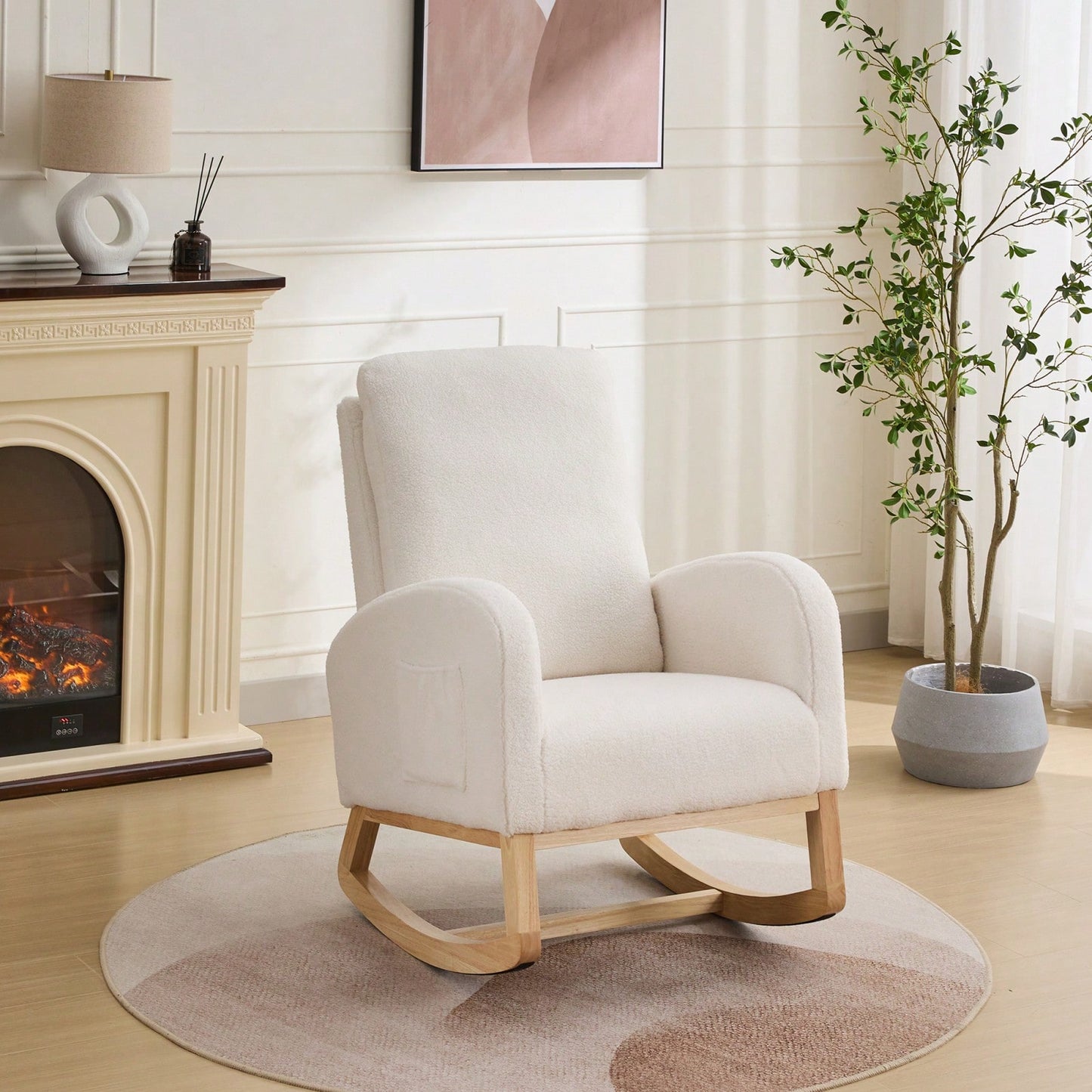 Polyester Glider Chair With High Back And Side Pocket, Rocking Accent Armchair With Rubber Wood Legs For Nursery/Bedroom