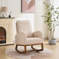 Polyester Glider Chair With High Back And Side Pocket, Rocking Accent Armchair With Rubber Wood Legs For Nursery/Bedroom