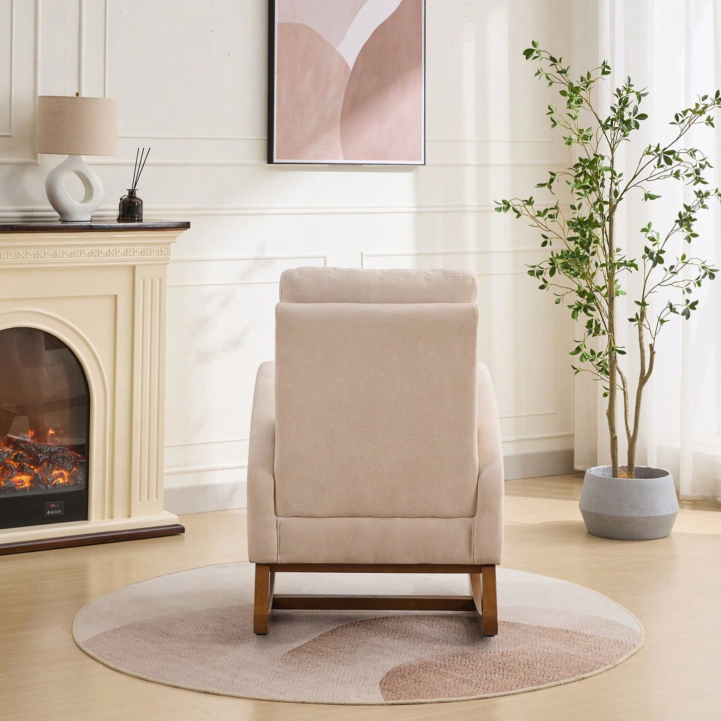 Polyester Glider Chair With High Back And Side Pocket, Rocking Accent Armchair With Rubber Wood Legs For Nursery/Bedroom