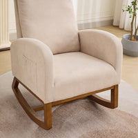 Polyester Glider Chair With High Back And Side Pocket, Rocking Accent Armchair With Rubber Wood Legs For Nursery/Bedroom