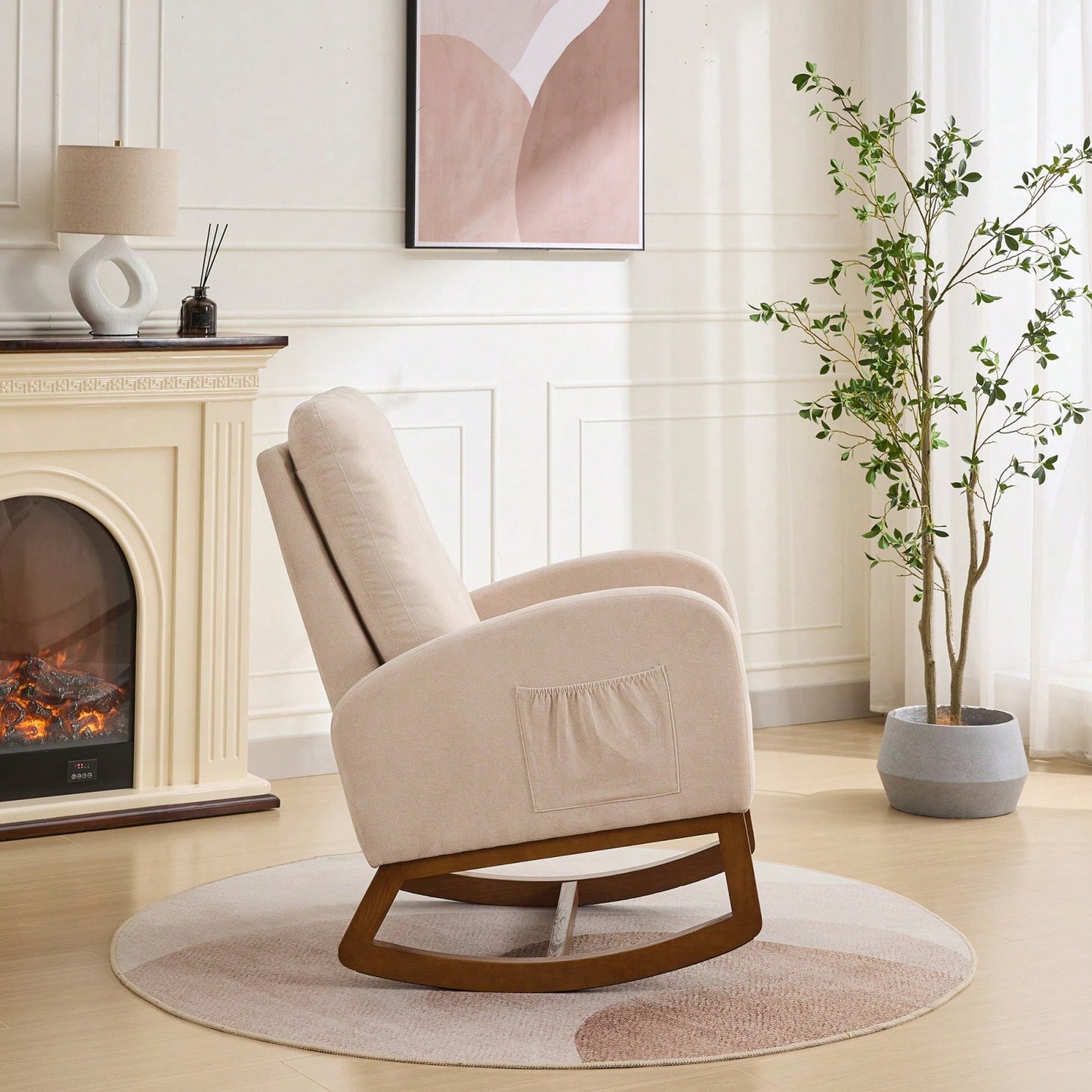 Polyester Glider Chair With High Back And Side Pocket, Rocking Accent Armchair With Rubber Wood Legs For Nursery/Bedroom