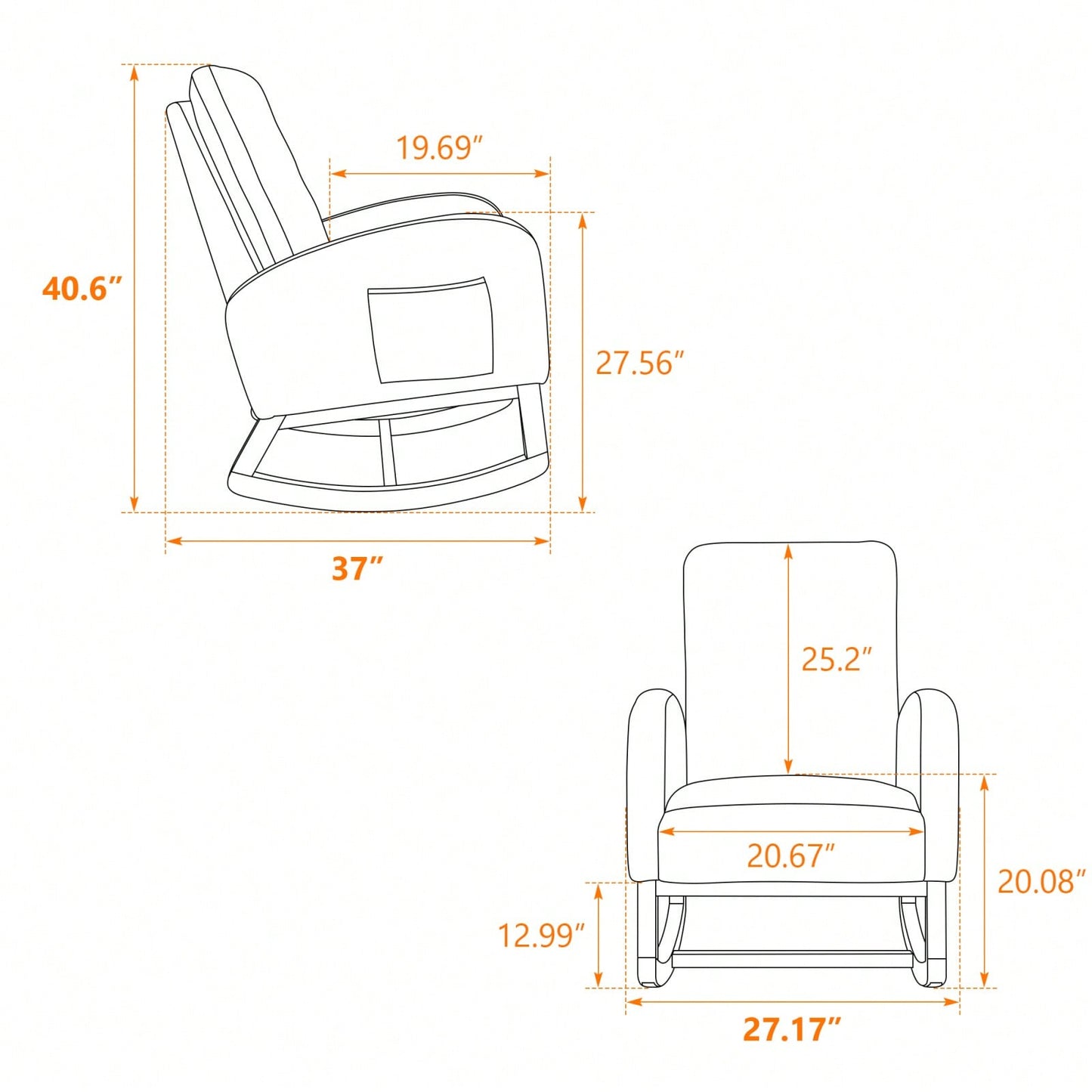 Polyester Glider Chair With High Back And Side Pocket, Rocking Accent Armchair With Rubber Wood Legs For Nursery/Bedroom