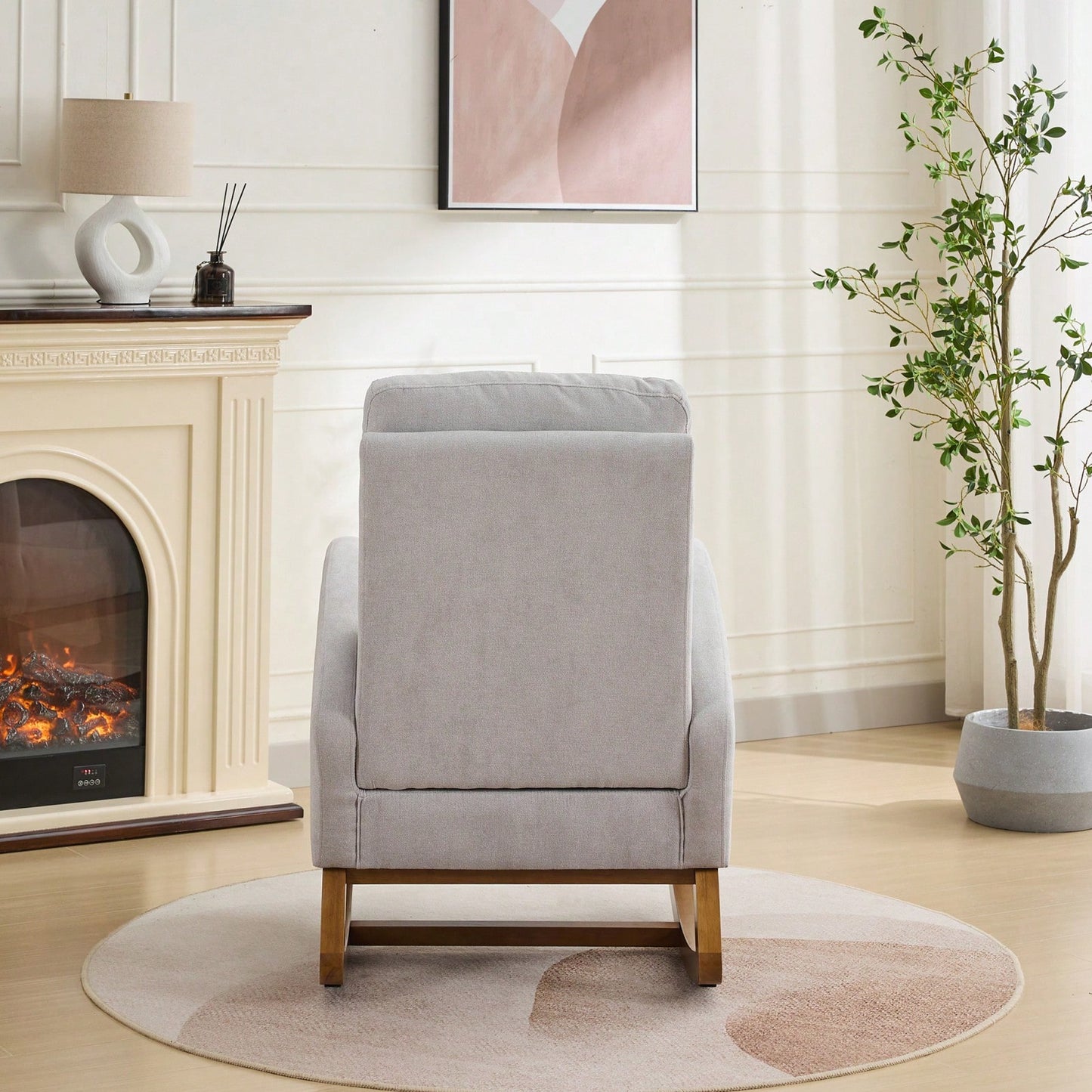 Polyester Glider Chair With High Back And Side Pocket, Rocking Accent Armchair With Rubber Wood Legs For Nursery/Bedroom