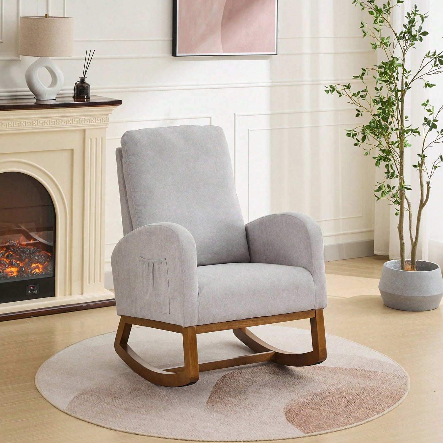 Polyester Glider Chair With High Back And Side Pocket, Rocking Accent Armchair With Rubber Wood Legs For Nursery/Bedroom