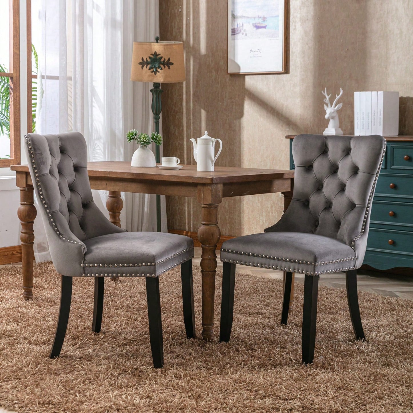 Modern, High-End Tufted Solid Wood Contemporary Velvet Upholstered Dining Chair With Wood Legs Nailhead Trim 2-Pcs Set