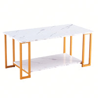 Elegant Marble Top Rectangle Coffee Table with Gold Metal Legs for Living Room and Office