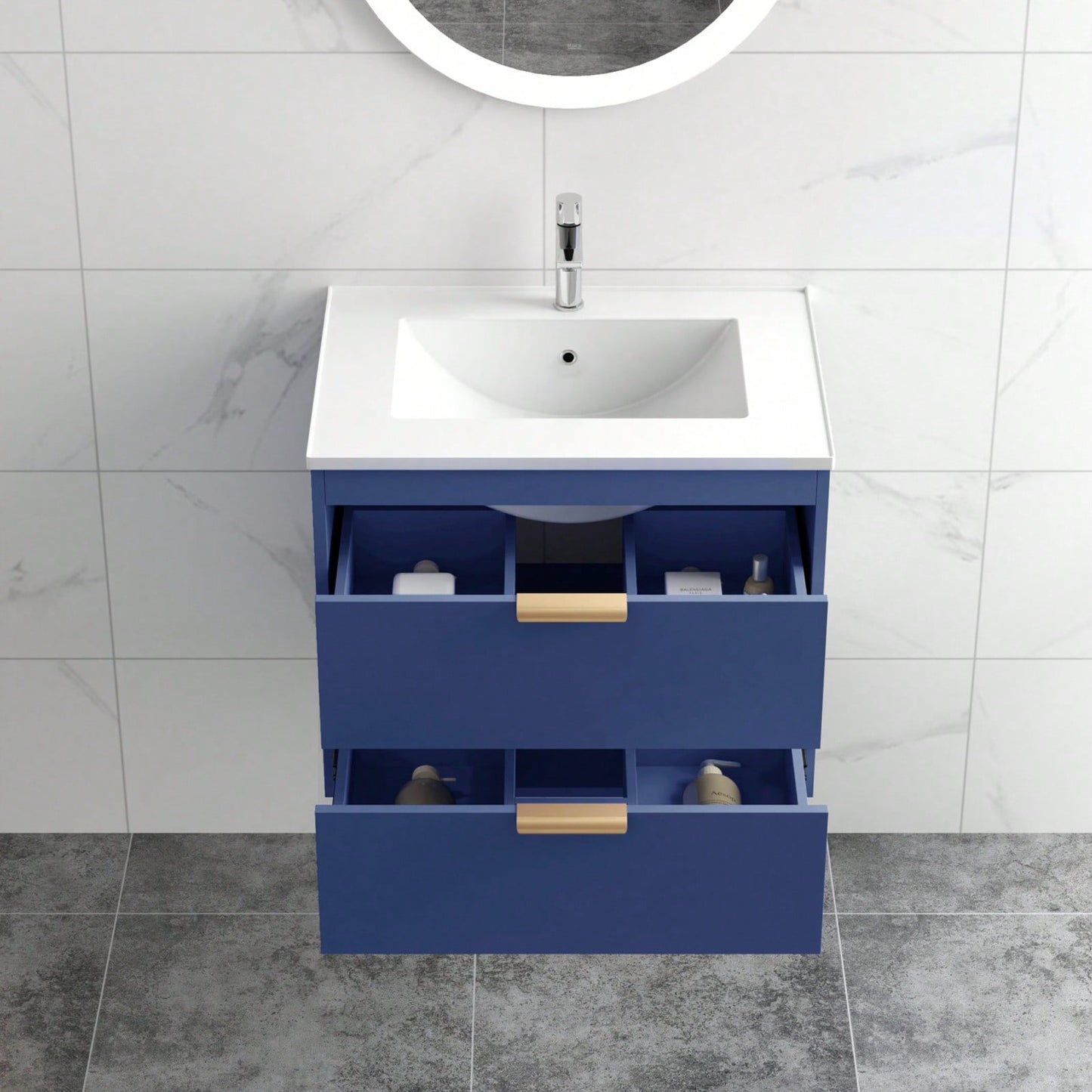 24 Inch Wall Mounted Floating Bathroom Vanity with Ceramic Sink and Storage Drawer Modern Space-Saving Design