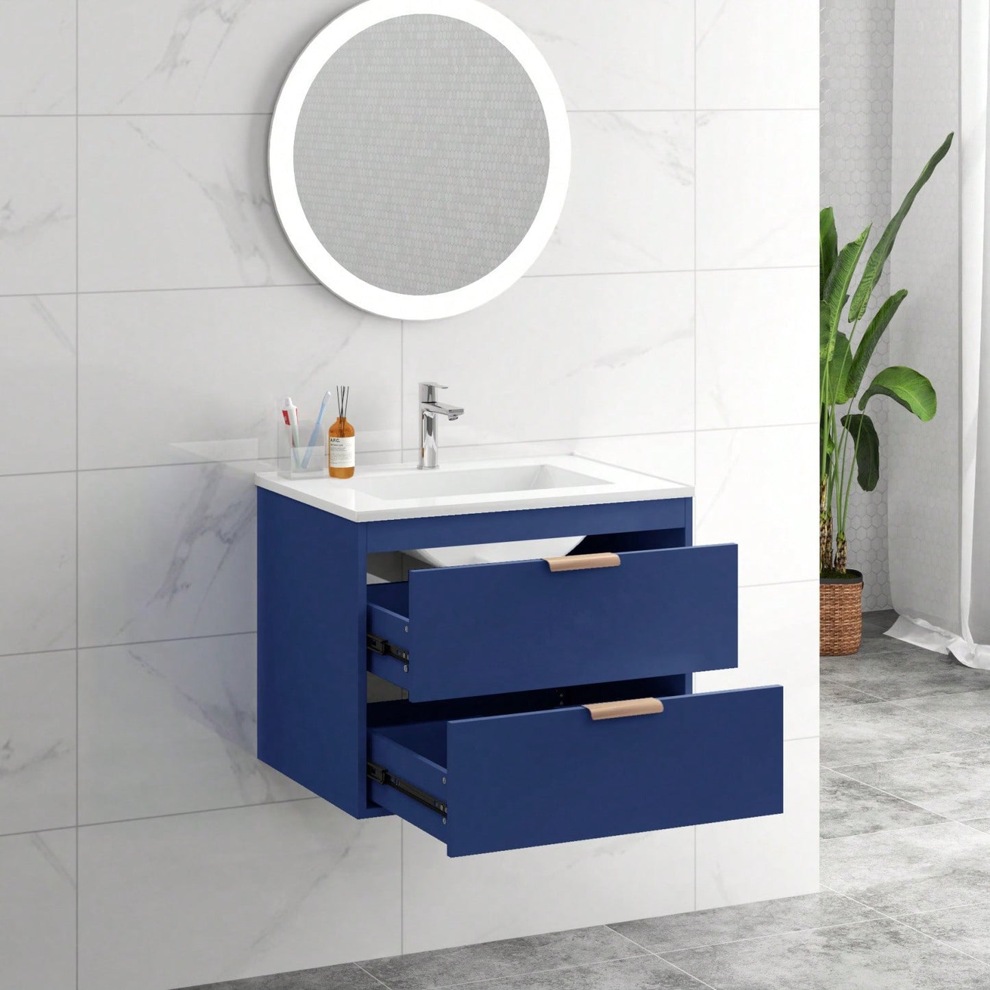 24 Inch Wall Mounted Floating Bathroom Vanity with Ceramic Sink and Storage Drawer Modern Space-Saving Design